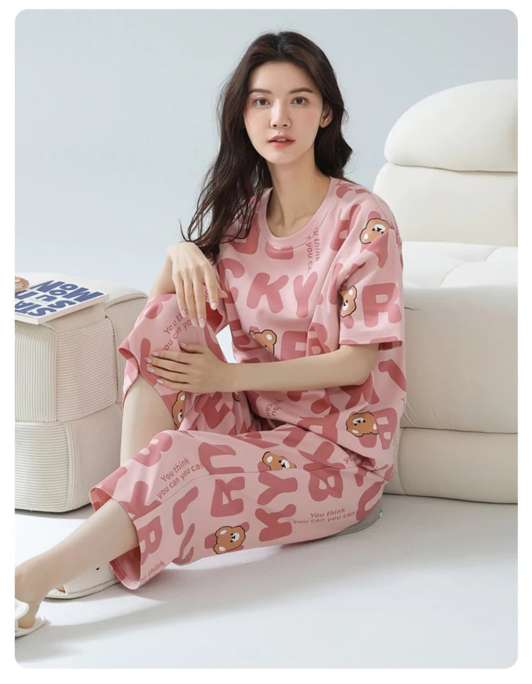 2-Pcs Women’s Cotton Pajama Set – Breathable Short Sleeve Summer Sleepwear with Cute Prints