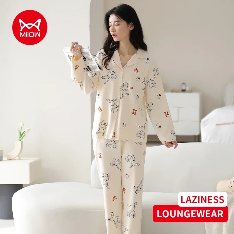 Women’s Winter 100% Cotton Pajama Set – Loose Fit, Turn-Down Collar, Long Sleeves, Cute Pink