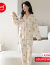 Women’s Winter 100% Cotton Pajama Set – Loose Fit, Turn-Down Collar, Long Sleeves, Cute Pink