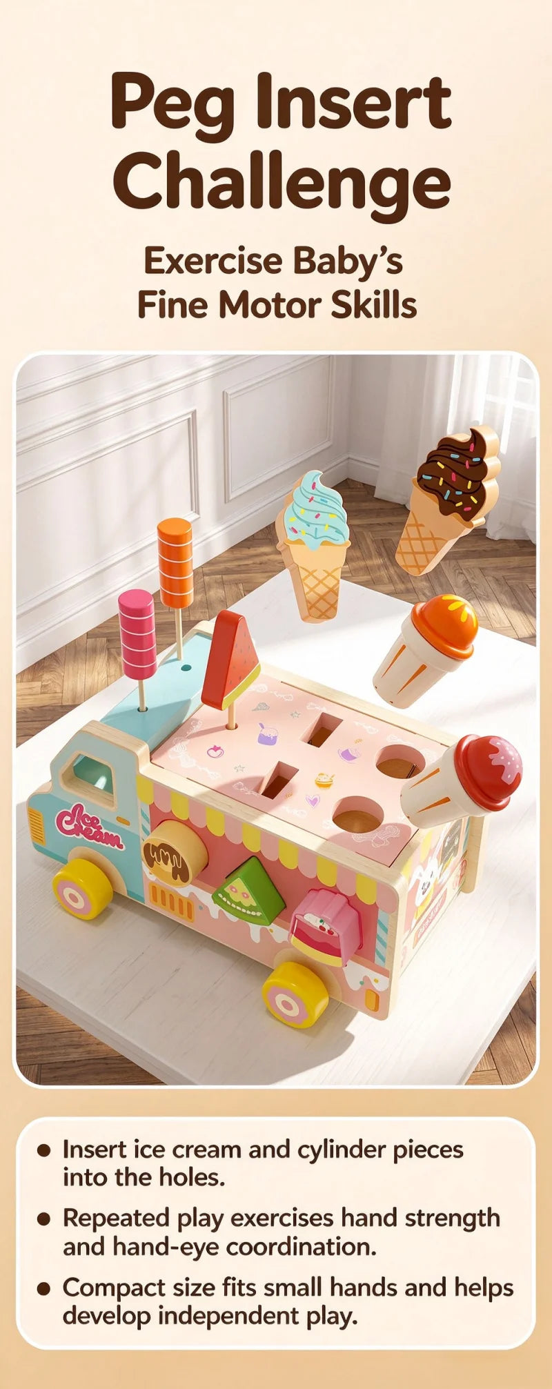 Wooden Rabbit Ice Cream Truck Shape Sorter and Pretend Play Toy