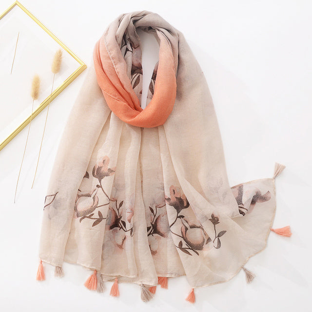 Spring Scarf Pink Blue Floral Paisley Printed Scarves Women Lady Girl Cotton Linen Bohemian Scarf For Summer Beach Shawl Bandana