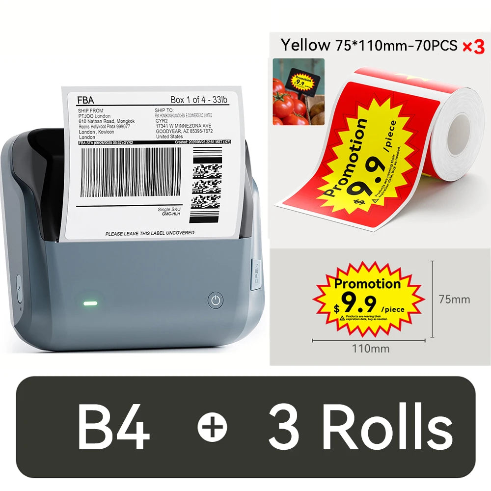 B4 Thermal Label Printer 110mm, Bluetooth Wireless Wide Label Maker, Inkless Barcode & Shipping Label Printer