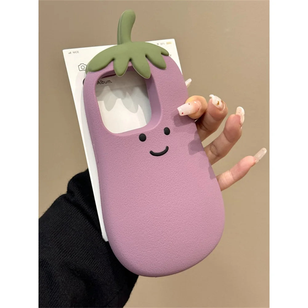 INS Cute Cartoon 3D Eggplant Funny Creative Phone Case For iPhone 16 15 14 13 Pro Max Vegetable Lovely Soft Silicone Back Cover