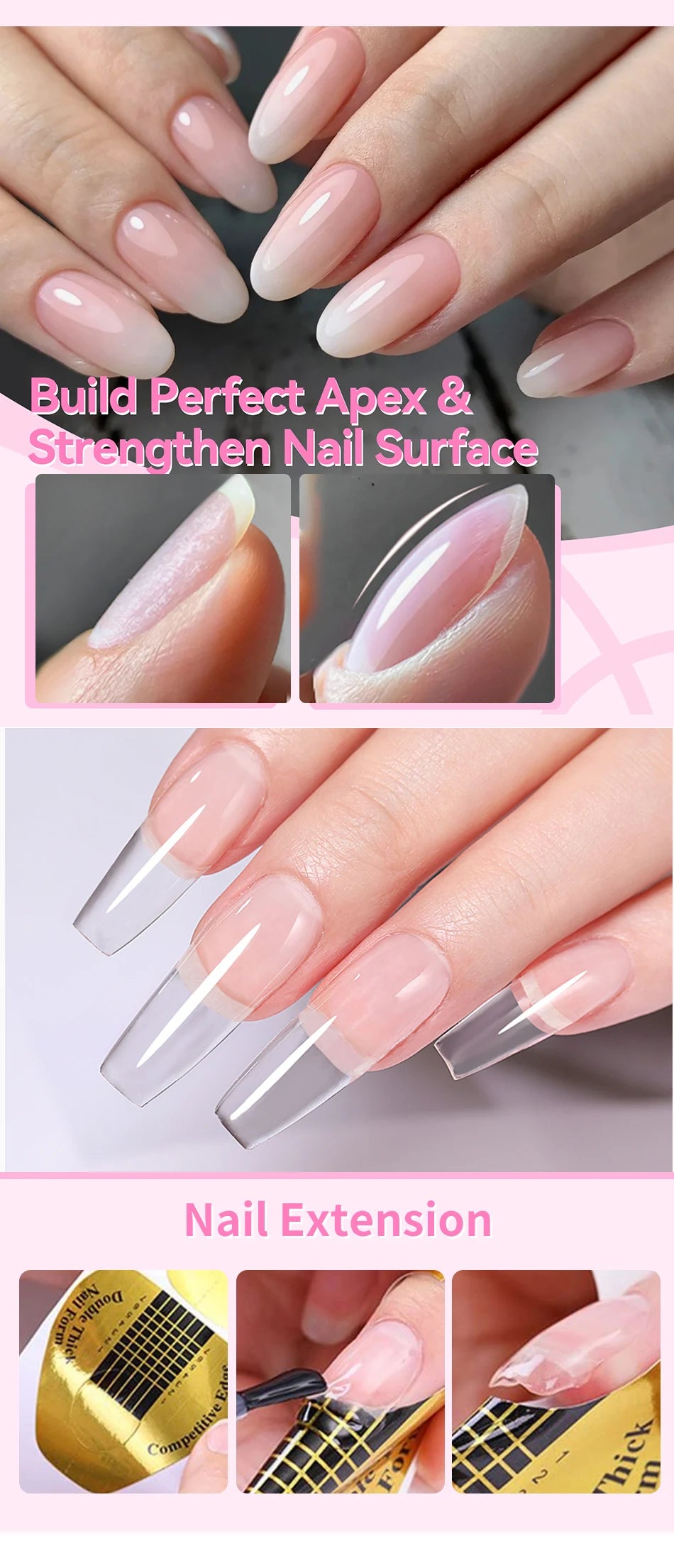 6 IN 1 Nail Glue Gel 15ML for Acrylic Nails Soak off Base Gel Top Coat UV Extension Nail Gel False Nail Tips Gel