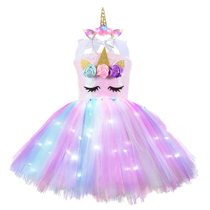 Girl Unicorn Dresses for Girls Tutu Princess Party Dresses with LED Lights Flower Birthday Party Cosplay Costume Girls Clothing