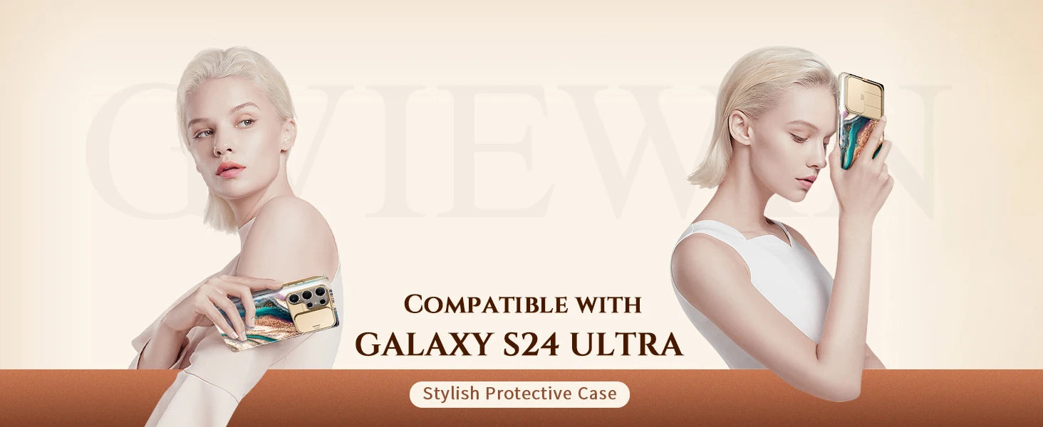 For Samsung Galaxy S24 Ultra Case with 2 Front Frames Slide Camera Lens Protection Heavy Duty Shockproof Marble Phone Case Cover