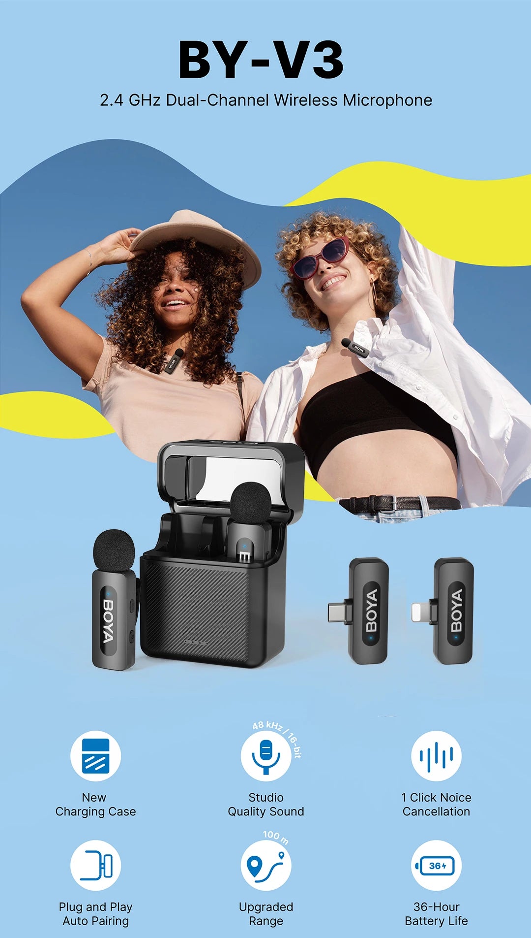 BY-V3 Wireless Lavalier Microphone for iPhone 15/16 Series Samsung DJI Pocket 3 Type-c Smartphones Cameras Video Recording