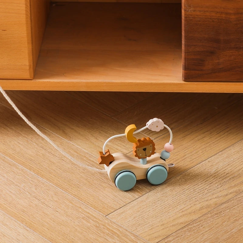 Wooden Baby Rope Trolley Puzzle Round Bead Brain Game Baby Wooden Children's Block BPA-free Organic Beech Animal Shape Baby Gift