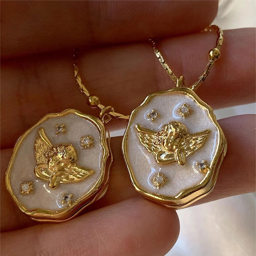 Vintage Enamel Metal Angel Neckalce for Women Geometric Photo Frame Locket Pendant Handmade Rope Chain Necklaces