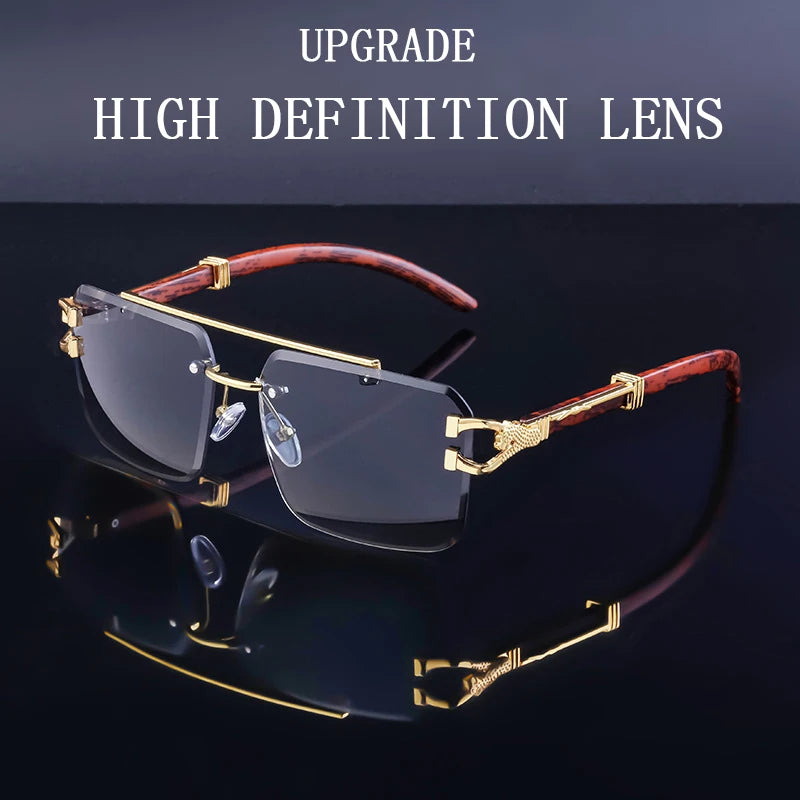 Rimless Sunglasses Vintage Sunglasses Women Luxury Fashion Glasses Square Wood Grain Shades