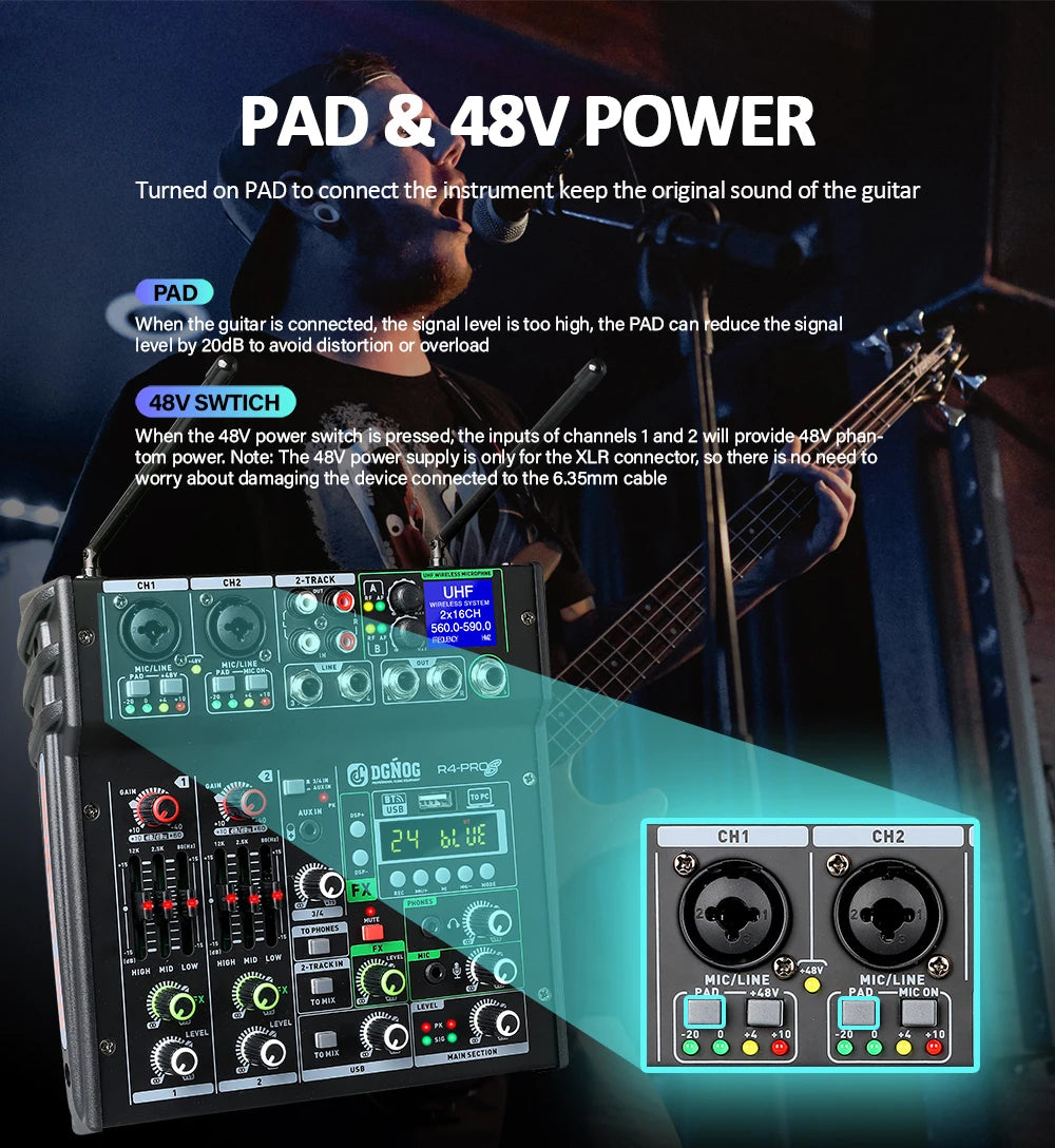 DGNOG Dual UHF Wireless Microphone DJ Audio Mixer 4 Channel Mixer Karaoke Mixer USB Bluetooth for Computer Recording Studio