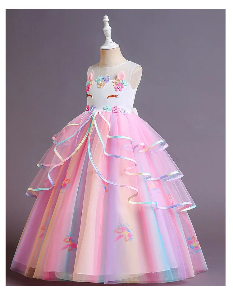 Elegant Princess Lace Dress Kids Flower Embroidery Dresses For Girls Vintage Children Costume for Christmas Party Pink Ball Gown