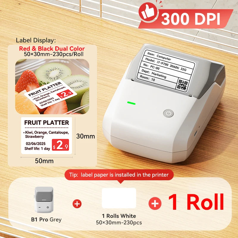 B1 Pro Label Printer 300 DPI, Bluetooth Thermal Label Maker with Red & Black Printing, Photo Labels for Business & Home