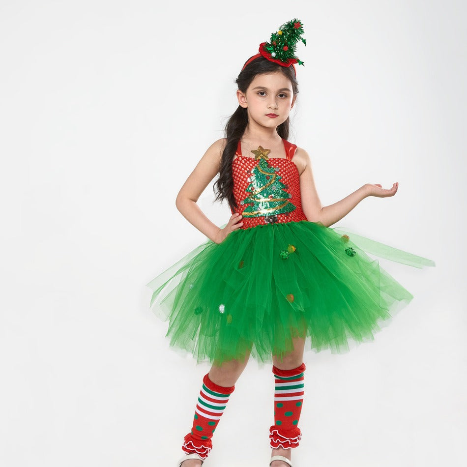 Sparkly Christmas Elf Tutu Dress for Girls Santa Claus Costumes for Kids Birthday Halloween Outfit Children Xmas Holiday Clothes