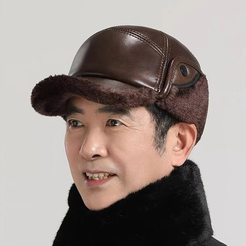 Winter Men's Hat Thicken Leather Cowskin Baseball Caps Bomber Hats With Ears Warm