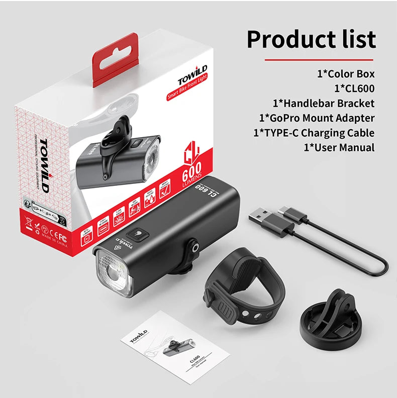 CL600S Bike Light Front Lamp 600 lumens USB Rechargeable LED 2600mAh Bicycle Light IPX6 Waterproof MTB Bicycle headlights