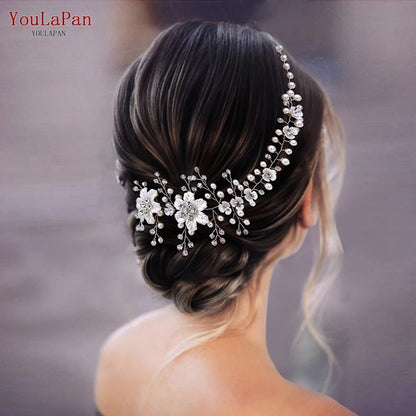 Flower Headpiece Wedding Headband for Bride Crystal Pearls Women Tiara Bridal Headpieces Hair Jewelry