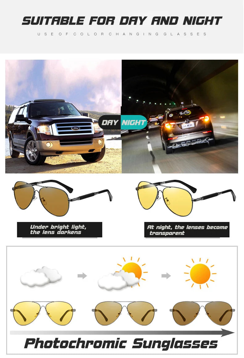 Memory Titanium Pilot Polarized Sunglasses UV400 Photochromic Night Vision Glasses for Men Women