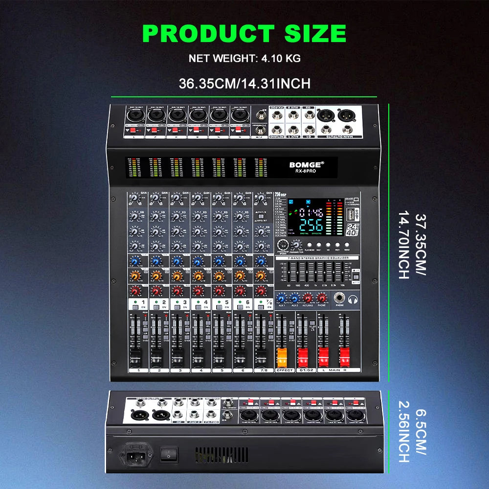 Professional 8 Channel Audio Mixer Console with USB Bluetooth and 256 DSP Effects