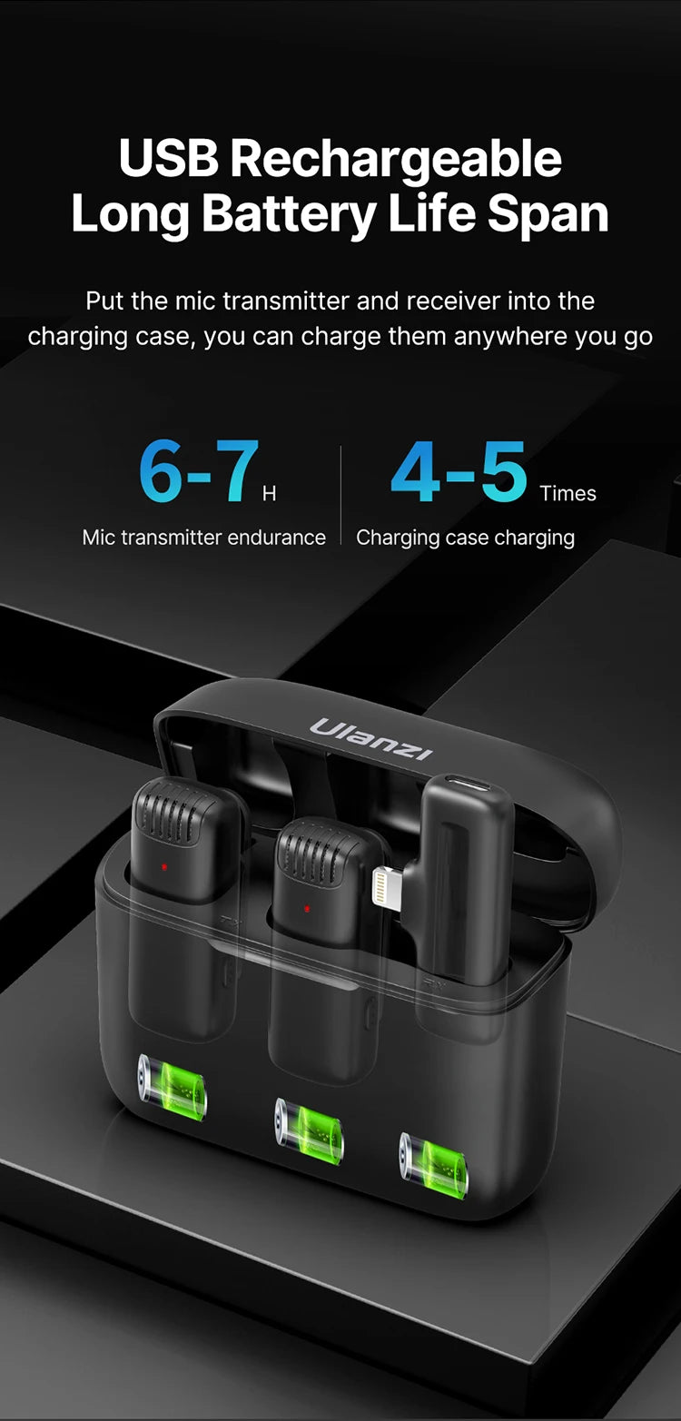 Wireless Lavalier Microphone Dual Mic Plug & Play for iPhone Android Live Recording