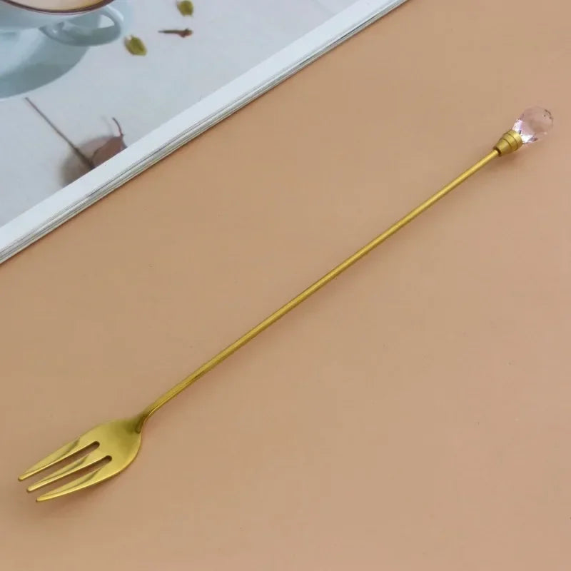 Stainless Steel Diamond Coffee Spoon and Fork Set Creative Crystal Long Handle, Perfect for Desserts, Ice Cream, Cake, and Fruit