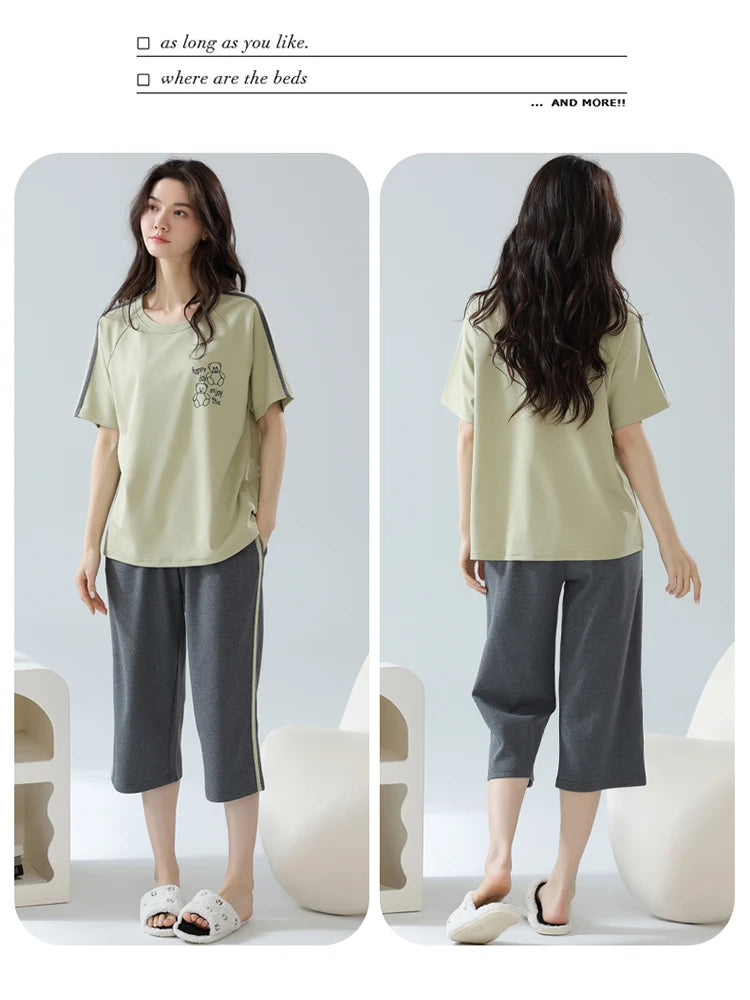 2-Pcs Women’s Cotton Pajama Set – Breathable Short Sleeve Summer Sleepwear with Cute Prints