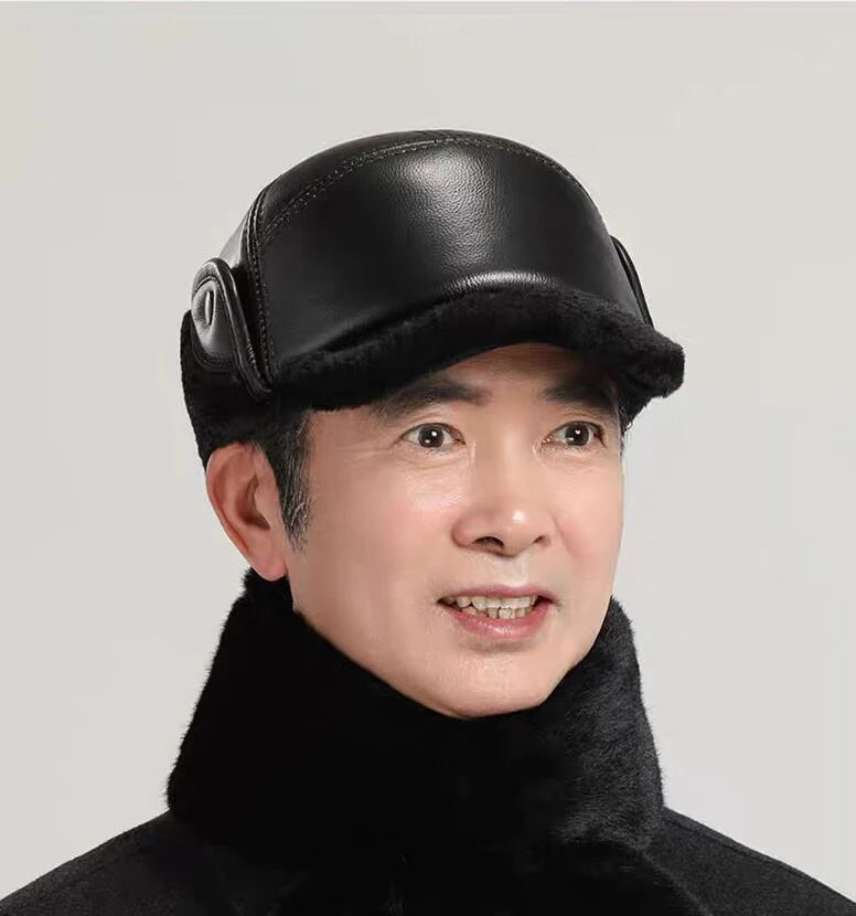 Winter Men's Hat Thicken Leather Cowskin Baseball Caps Bomber Hats With Ears Warm