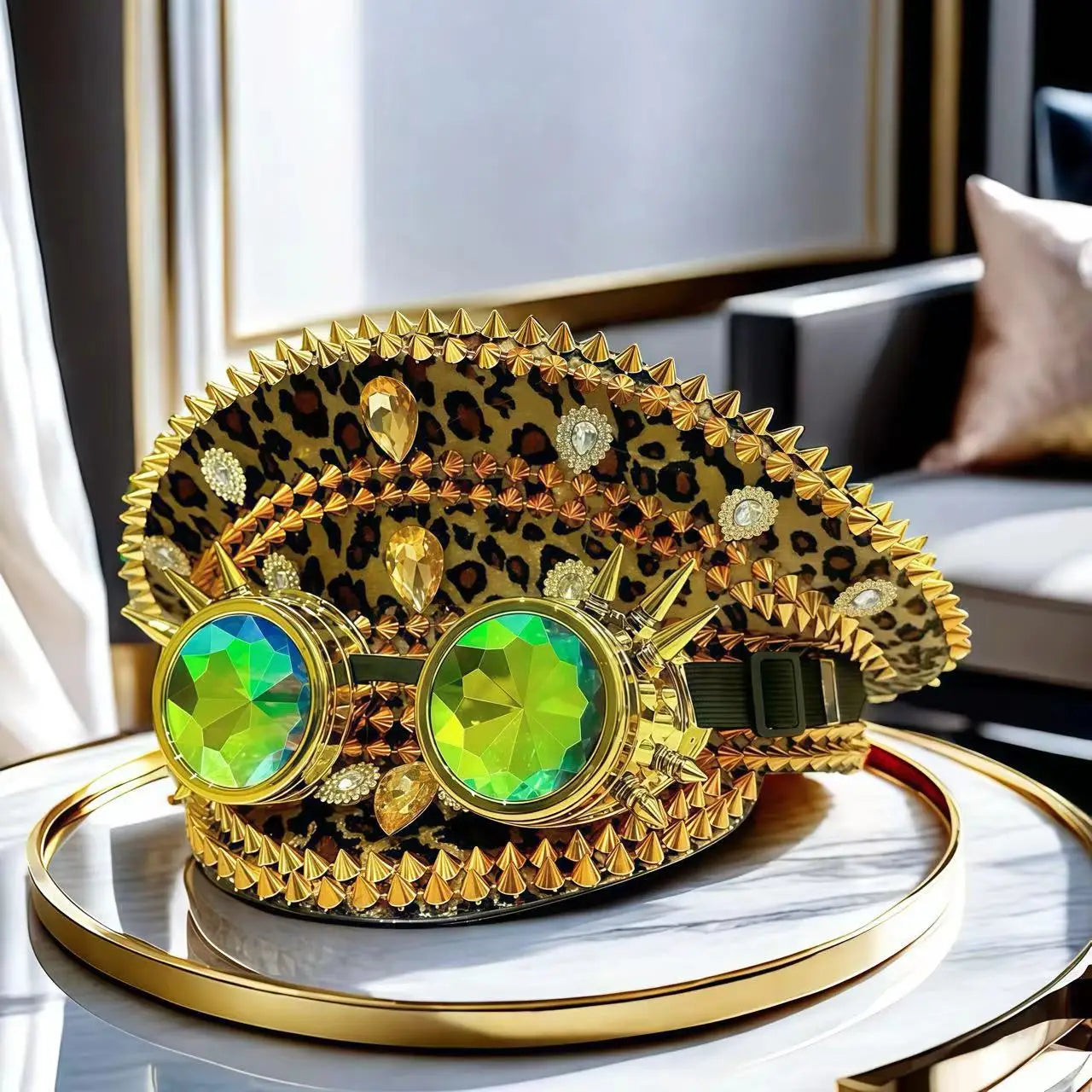 Leopard Print Steampunk Captain Hat Punk Goggles Gold Music Festival Masquerade Military Cap Costume Cosplay Accessor Unisex