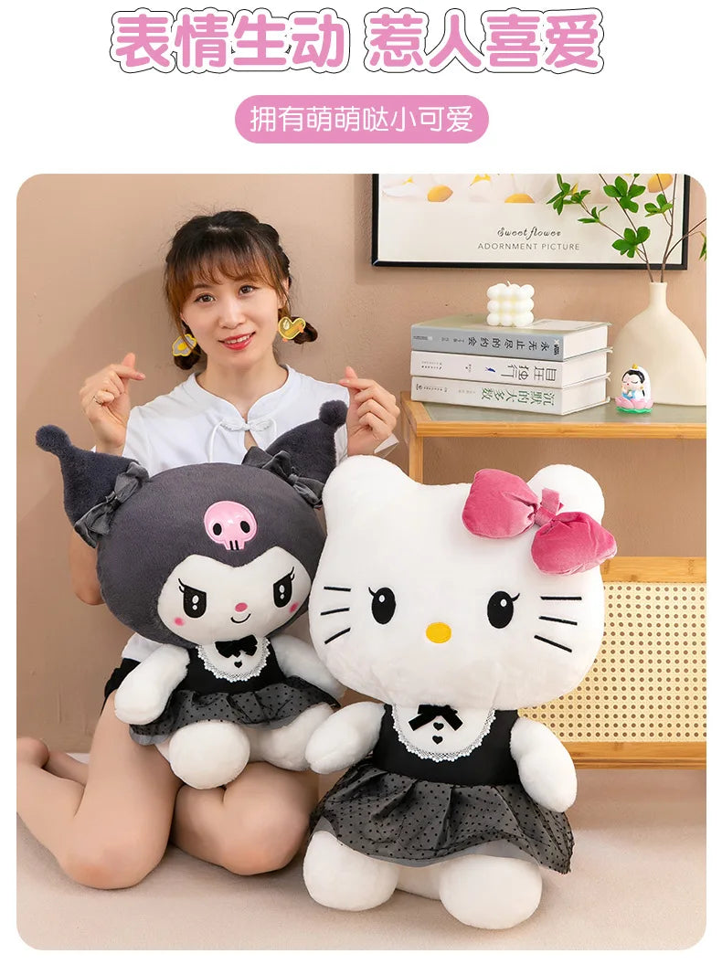 Kawaii Kuromi My Melody Plush Toy with Black Bow Skirt Cute Hello Kitty Stuffed Doll for Kids Birthday Xmas Gift Large Size Toy