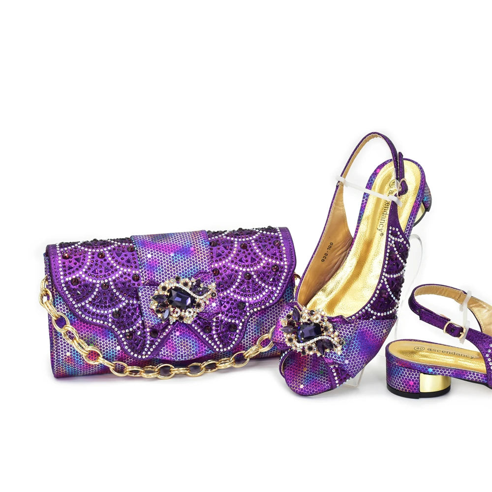 Rhinestone Shoes and Shoulder Bags Low-Heeled Shoes and The Same Style Envelope Bag Nigeria Shoes and Bag Set Italian