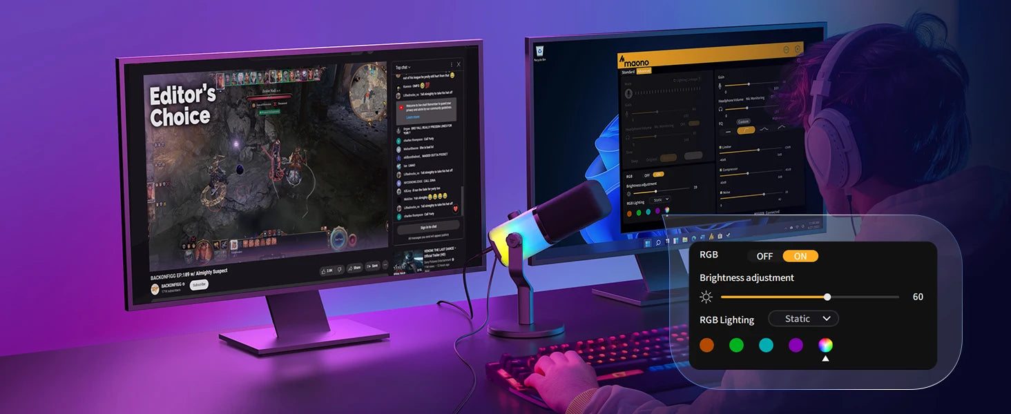 PD100X Gaming MIC,USB/XLR Dynamic Microphone with Noise Reduction, Mute, Headphone Jack, RGB MIC for Gamer Streaming Podcast