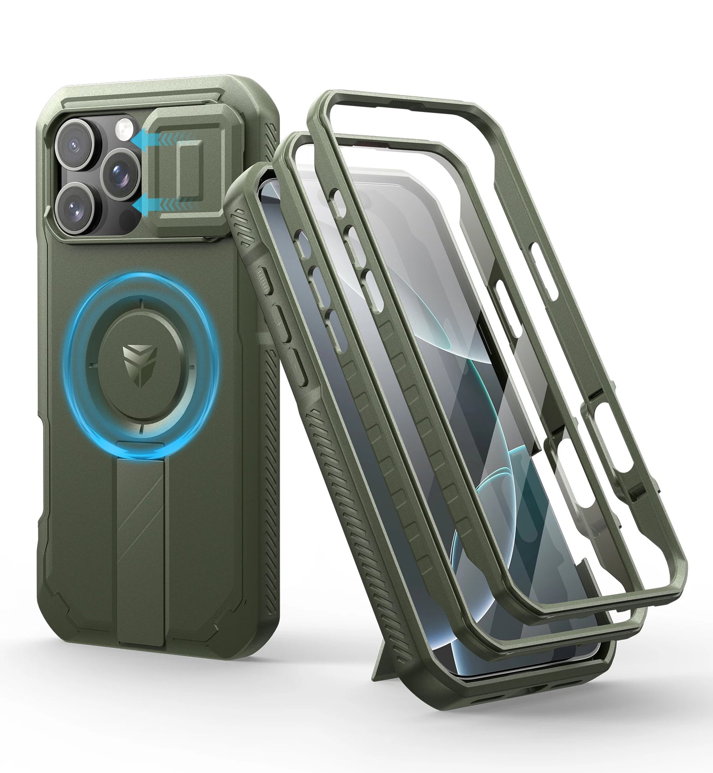 For iPhone 16 Pro Max Rugged Armor Shockproof Case with Built-in Sliding Camera Cover and Built-in Screen Protector Kickstand