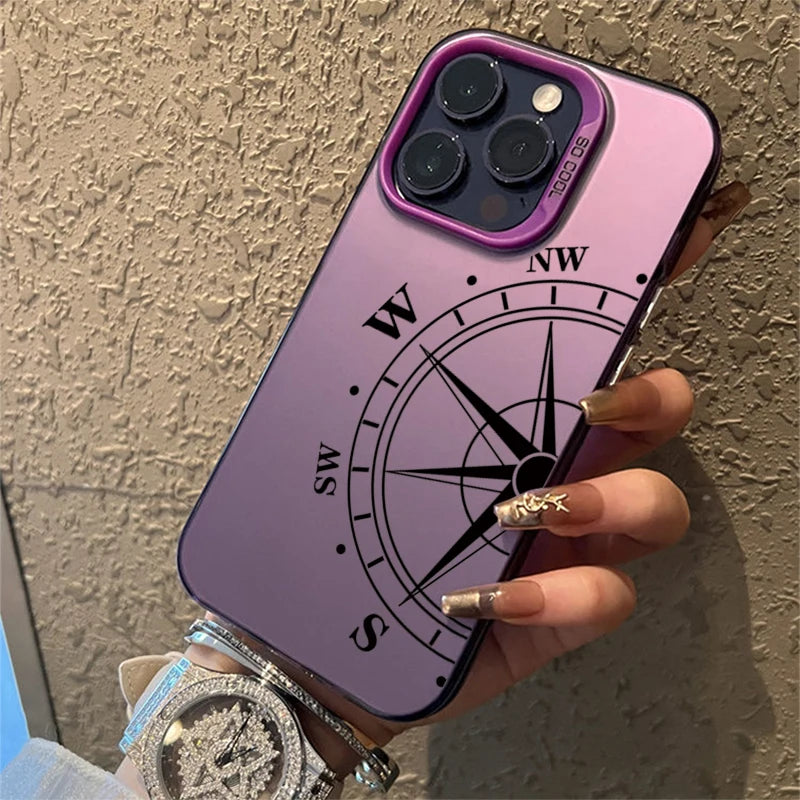 Fashion Vintage Compass Phone Case for iPhone 16 16E 14 15 Pro Max Hard IMD Shockproof Cover