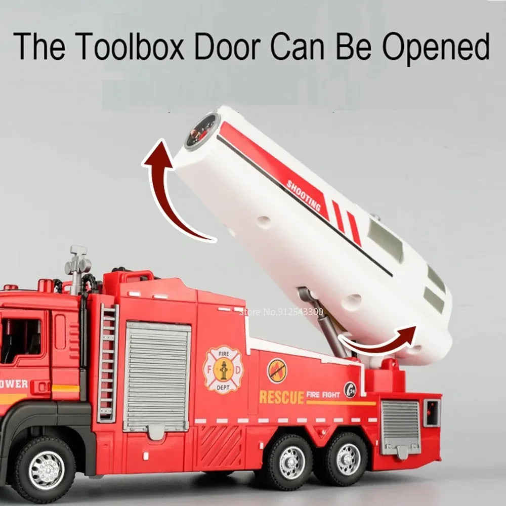 1:32 Scale Container Truck Fire Trucks Model Car Toy Pull Back Music Light Metal Diecast Doors Opened Vehicles Toys for Gift