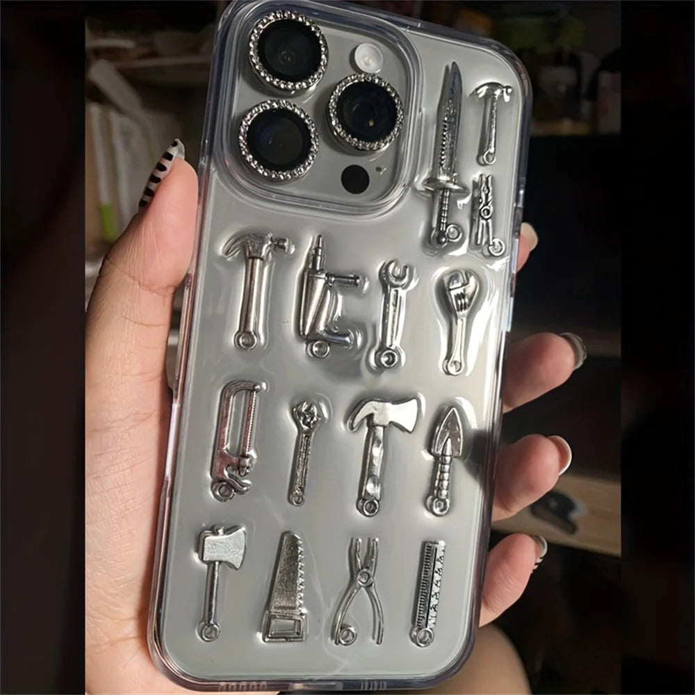 3D Tool Creative Handmade Fork Knife Clear Phone Case For iPhone 16 15 13 14 Pro Max Drip Glue Soft Silicone Back Cover