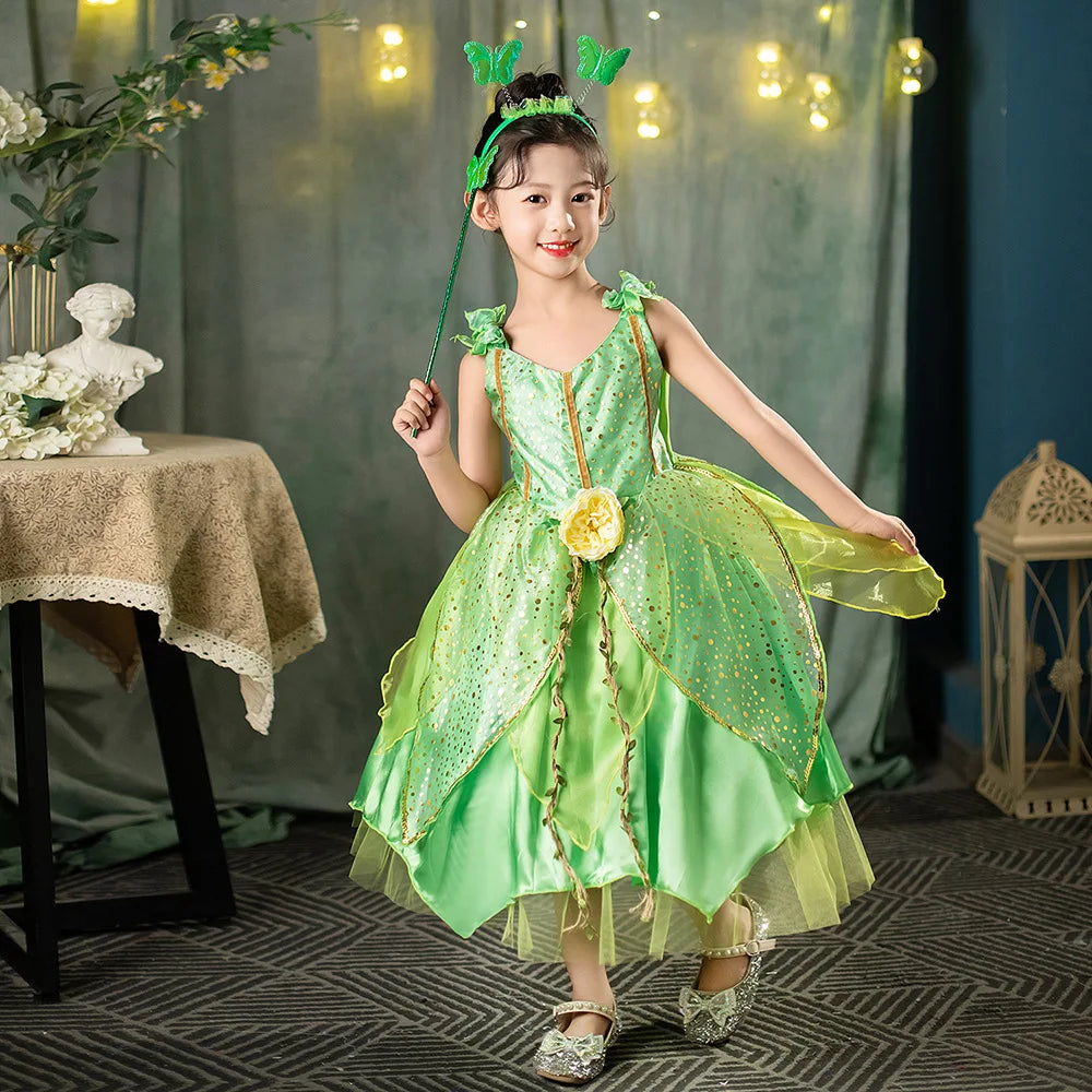 Girl Green Leaf Sequin Fairy Dress Sleeveless Strap Elf Tutu Gown Kids Birthday Party Halloween Cosplay Forest Princess Costume