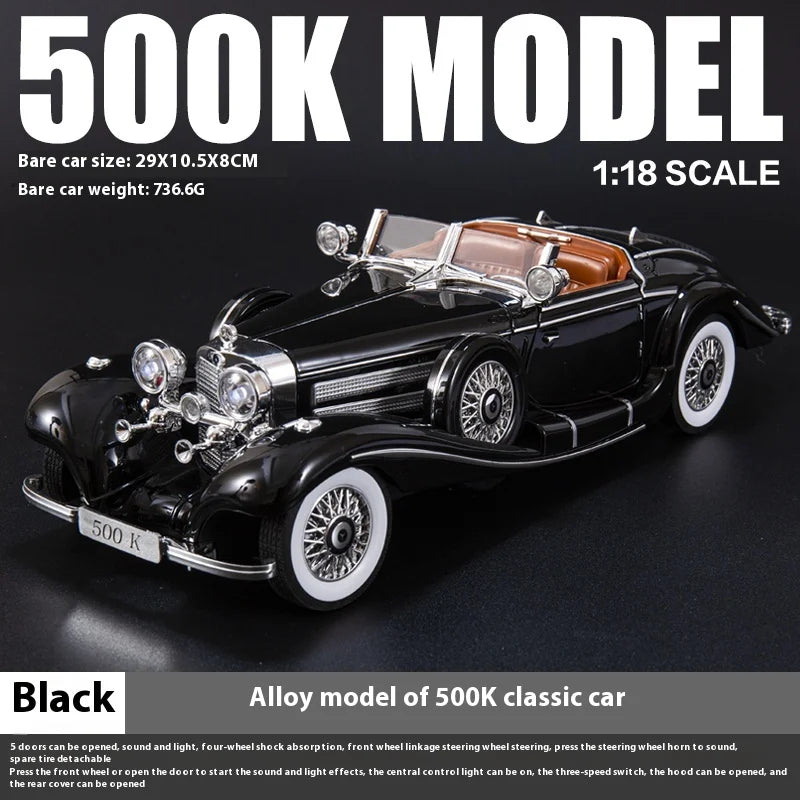Diecast 1/18 1936 500K Classic Car Alloy Metal Model Sound And Light Toy Collect Display Ornament