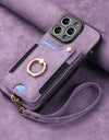 Luxury PU Leather Phone Case for iPhone 16 15 Pro Max 16e 14 Plus with Card Slot Ring Buckle Lanyard Back Cover