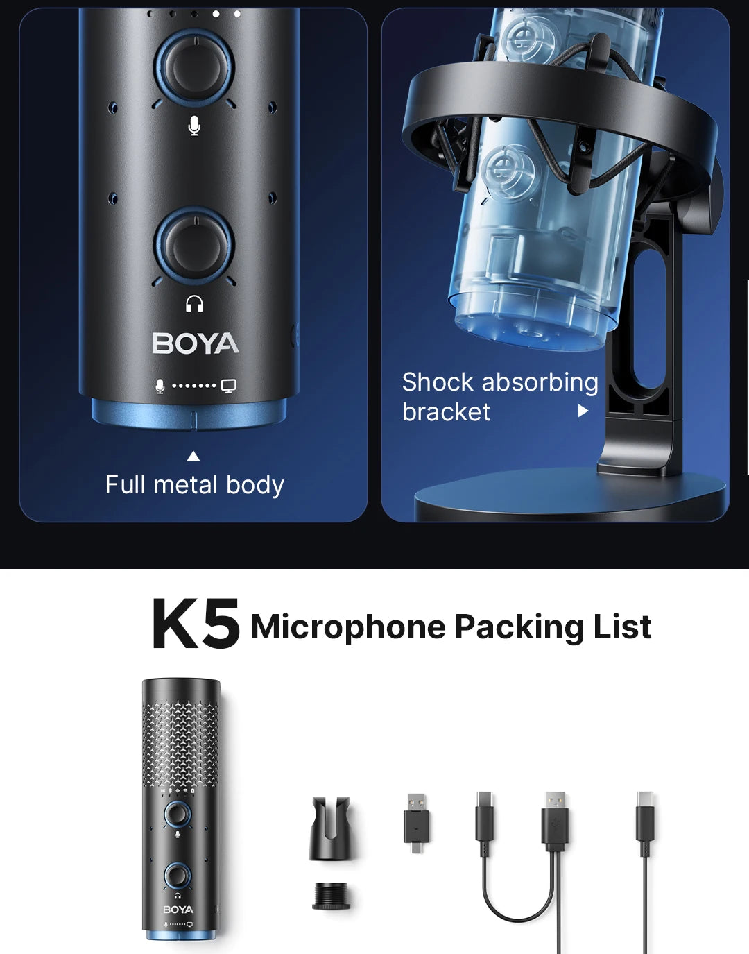 K5 USB Microphone for Gaming Live Streaming on PC Mac,Headphone Jack/Touch-Mute Button/RGB/AI Noise Reduction/Gain Control