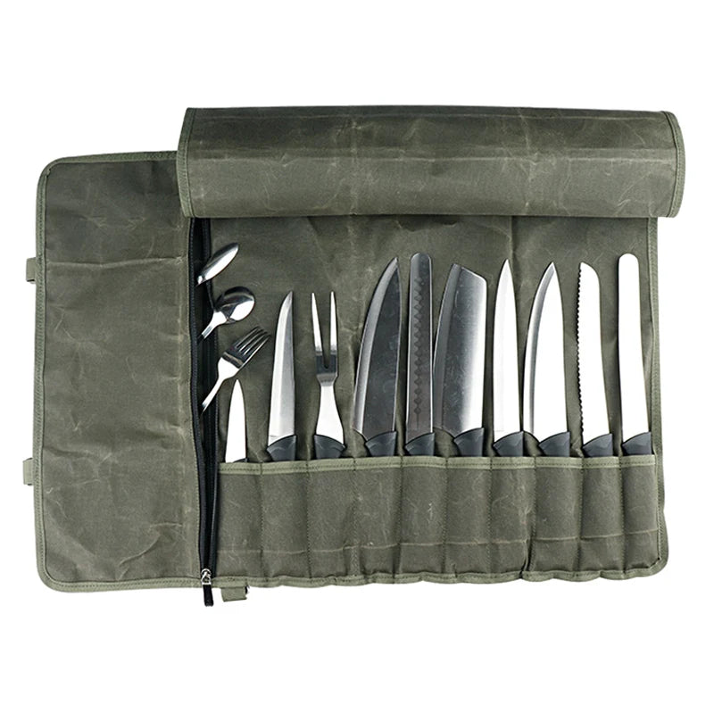 Portable Kitchen Chef Knife Bag With Tools Storage Pockets Waxed Canvas Cooking School Camping Knives Carry Case Roll Organizer