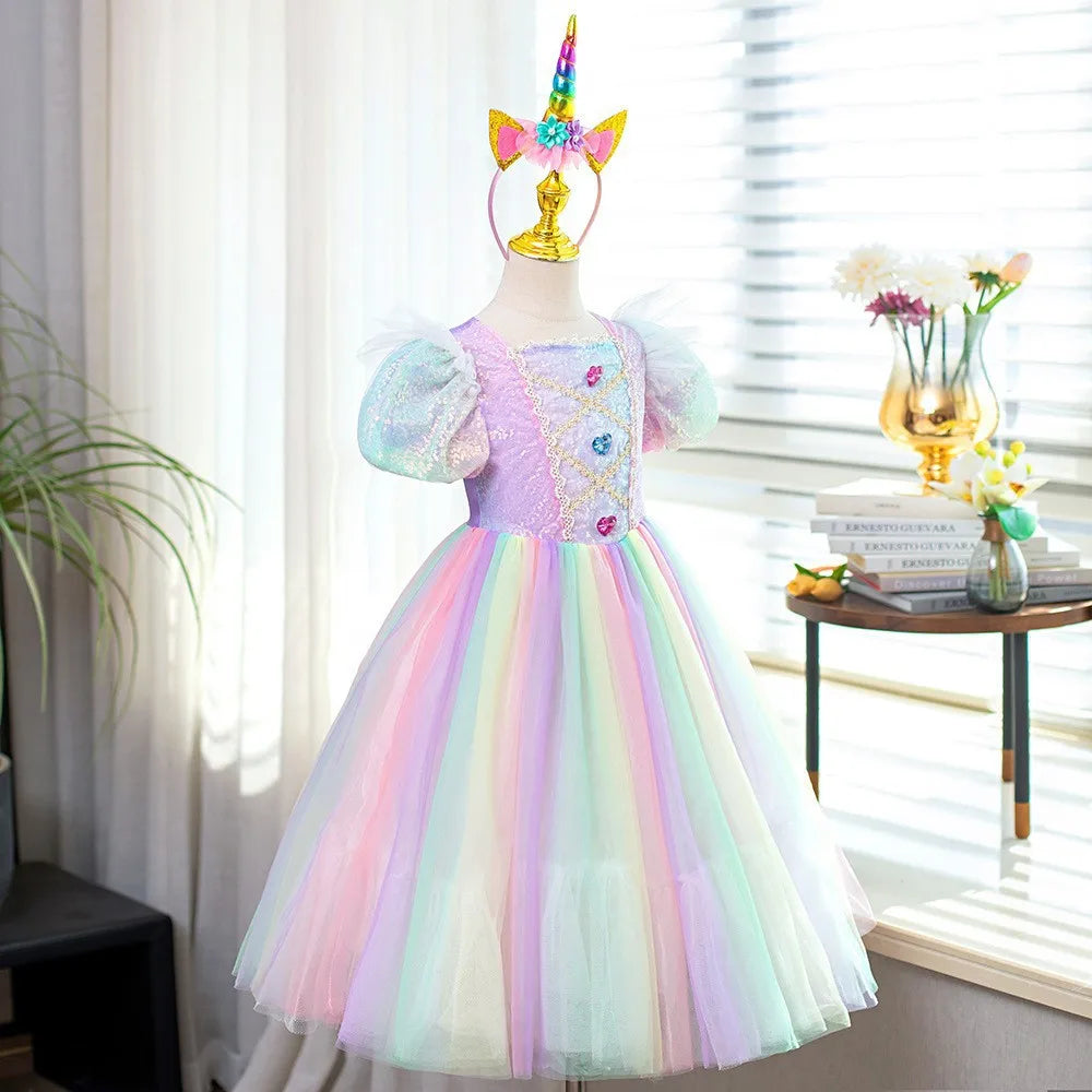 Rainbow Gradient Princess Ball Gown with Puff Bubble Sleeves