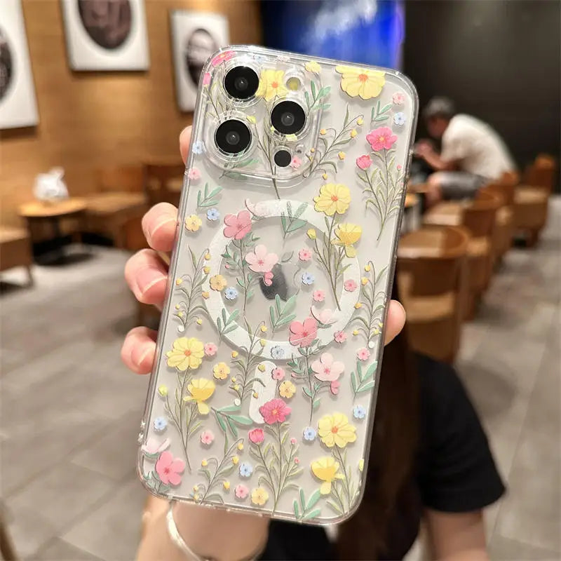 Transparent Clear MagSafe  Floral Flower Case for iPhone 16 14 15 Pro Max 15 Plus – Wireless Charging Shockproof Cover