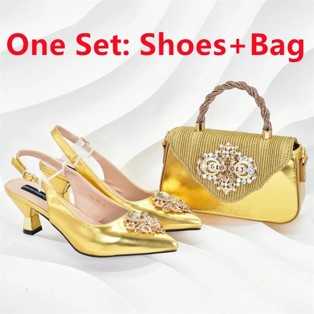 Women Shoes and Bags To Match Set Nigeria Party Nigeria Italian Shoes and Matching Bags Decorated with Rhinestone