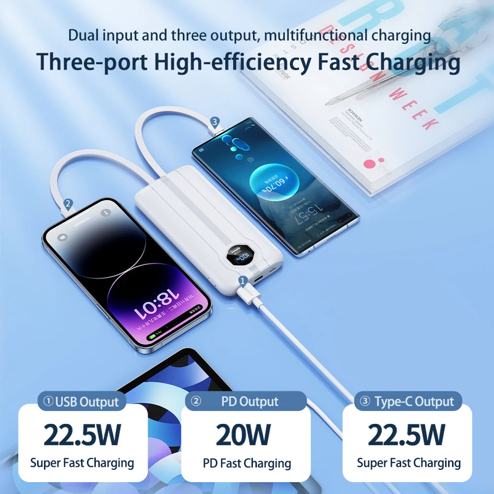 5 In 1 Power Bank 10000mAh PD 20W Fast Charing Built-in Dual Cable With Intelligent LCD Screen for iPhone 12-17 Huawei Xiaomi