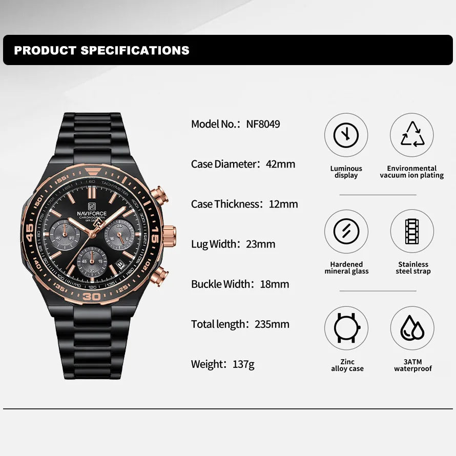 Casual Fashion Waterproof Luminous 24 Hours Date Display Stainless Steel Strap Wristwatch