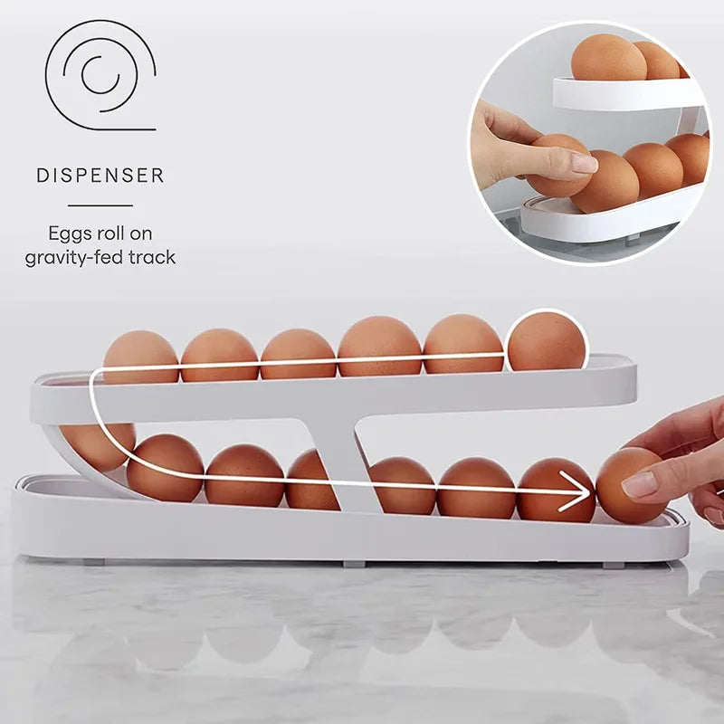 Automatic Rolling Egg Holder Rack – Refrigerator Egg Storage Box Kitchen Fridge Organizer