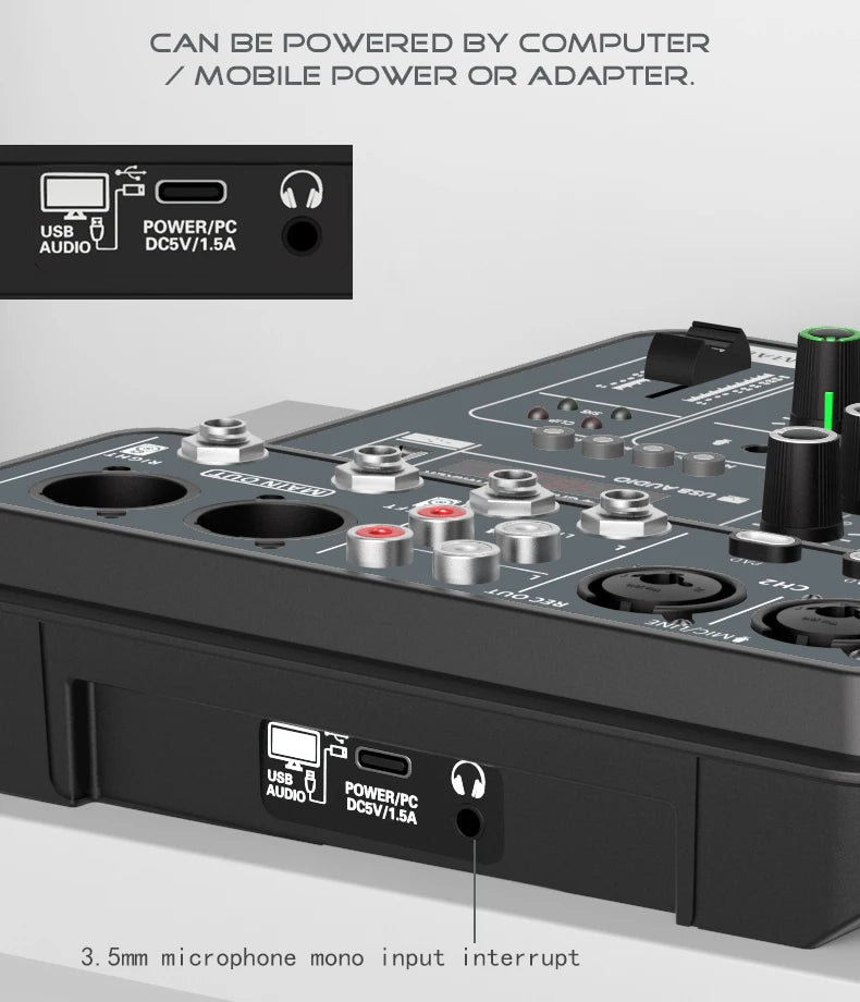 4 Channel Audio Recording Mixer With Bluetooth USB And 48V Phantom Power Light Grey