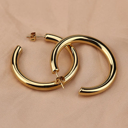 Oversize Gold Plated Hoop Earring Simple Thick Round Circle Stainless Steel Earrings