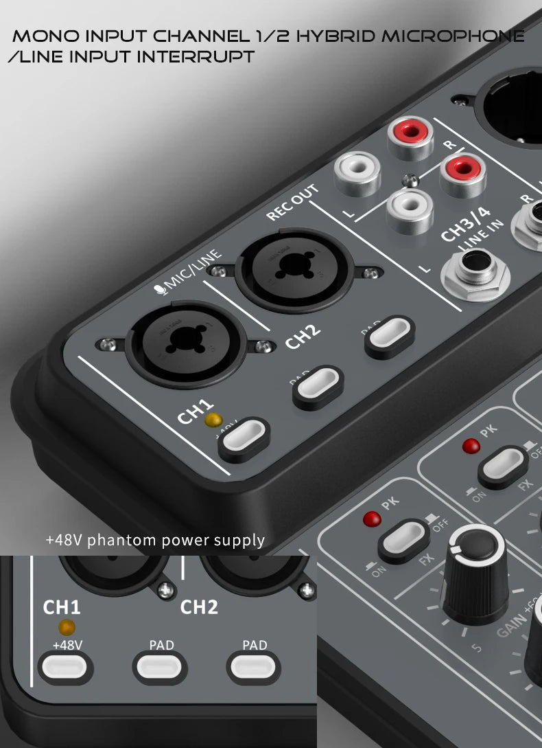 4 Channel Audio Mixer With Bluetooth USB And 48V Phantom Power