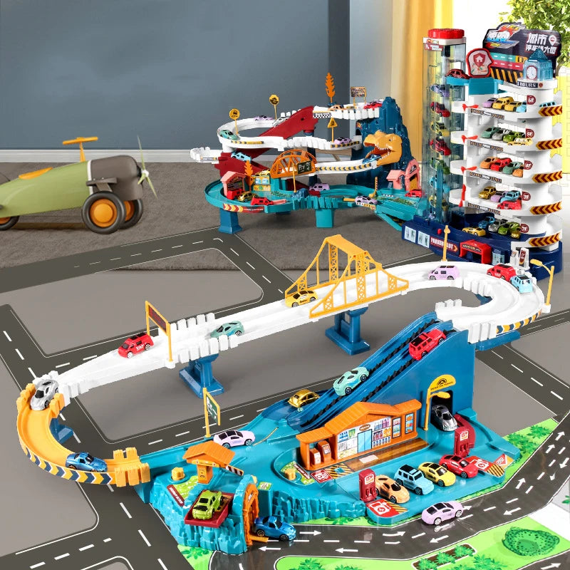 Electric Rail Car Dinosaur Building Parking Lot Adventure Racing Rail Car Toys Brain Mechanical Interactive Rail Cars